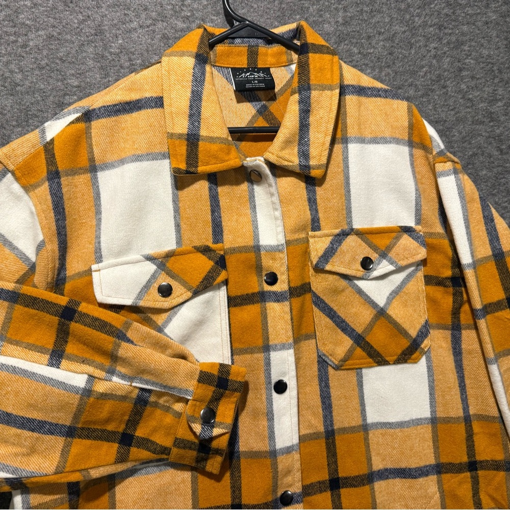 HFX Flannel Shacket Jacket Womens L Orange tan plaid button snap up soft comfy